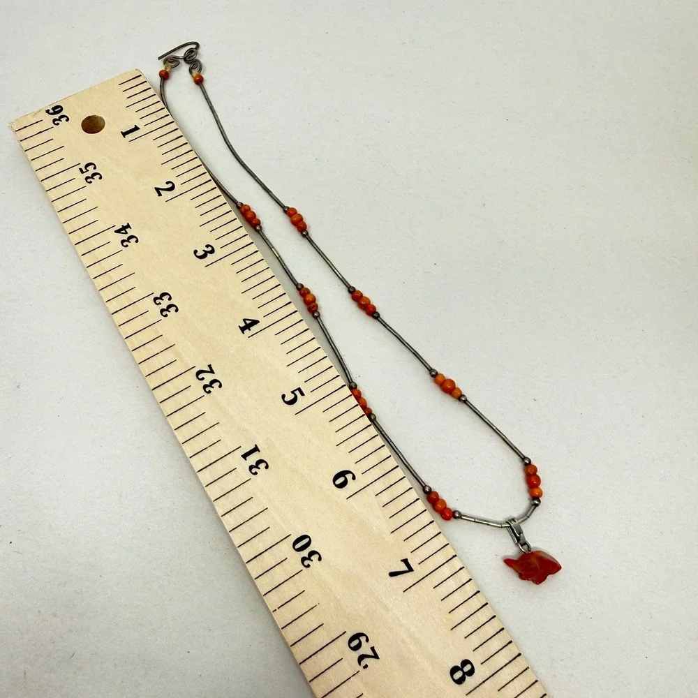 Southwestern Liquid Silver Beaded Necklace Red Stone Animal Fetish Pendant